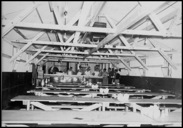 Inside view of mess hall at Tule Lake Relocation Center. 1943. Source.
