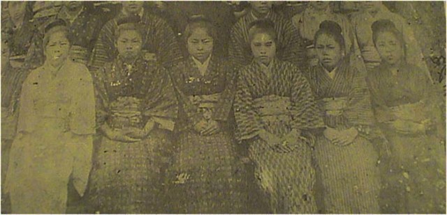 "Early twentieth century photos of Okinawan school girls wearing Ryukyuan clothes [top] versus Japanese clothes [bottom], both photos were taken on the same day to show how the girls were required to change their dress in the early twentieth century. Source: Hokama Yoneko, Jidai o irodotta onnatachi: Kindai Okinawa joseishi, Naha: Niraisha, 1996, p. 210." -Barske