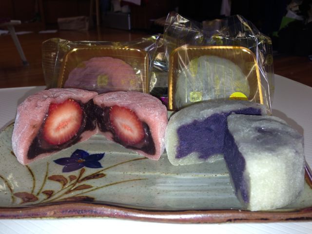 Okinawan strawberry filled mochi and Okinawan sweet potato mochi moon cakes.