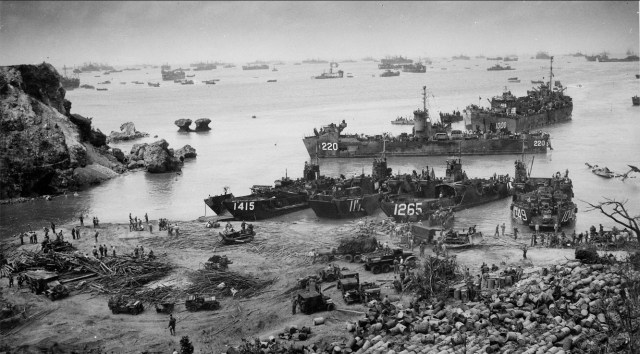 Formidable force: U.S. landing craft established a beachhead on the Okinawan mainland on 13 April 1945. Wikimedia Commons/National Archives and Record.