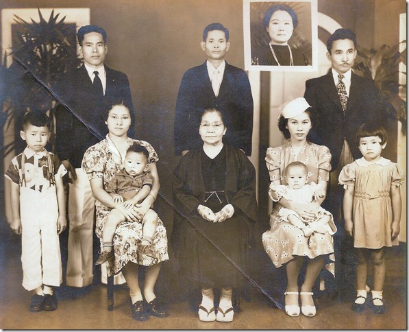 In the Inafuku family photograph below, uncle Raymond Hotoku Inafuku is standing on Hoichi’s right and my Dad, Ronald Hozo Inefuku, is standing on Hoichi’s left.  My Mom, Gladys, is holding my sister Gwen in her lap.  Gwen was born in Dec 1939.  My Dad’s twin sister aunty Annie could not make it... so a photograph of her was added.  Our grandmother, Kamado Inafuku, is sitting in the middle and uncle Raymond’s wife Lillian is sitting on grandma’s right with son Donald in her lap.  The other kids in the photograph are also their children.